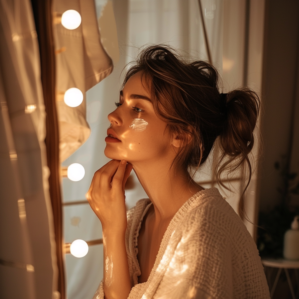 A young woman, brown hair pulled back, applying a skincare product. It's evening, lights are on in the background.